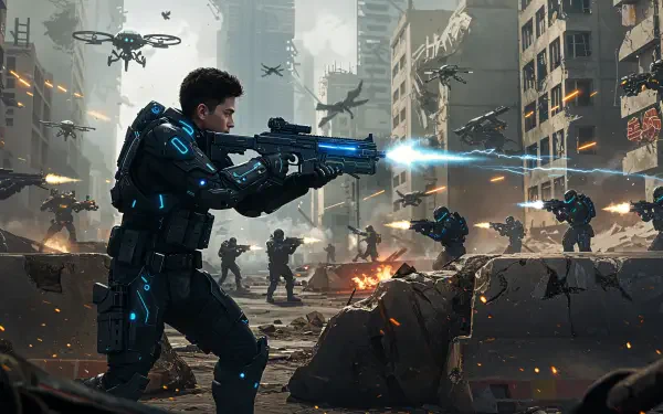 A 4K Ultra HD wallpaper depicting a futuristic battle scene with a soldier in armor firing a weapon amidst a war-torn city, surrounded by drones and comrades in action.