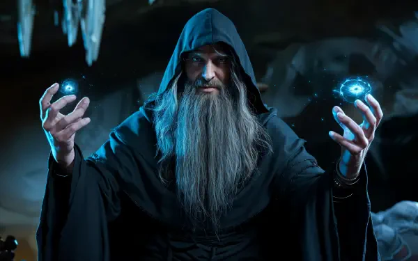 A powerful warlock with a long beard and a hooded cloak conjures glowing orbs of energy in this captivating 4K Ultra HD PC desktop wallpaper.