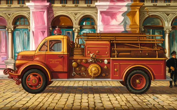 A vintage fire truck stands proudly against a vibrant backdrop, captured in stunning 4K Ultra HD, perfect for desktop wallpaper and backgrounds.
