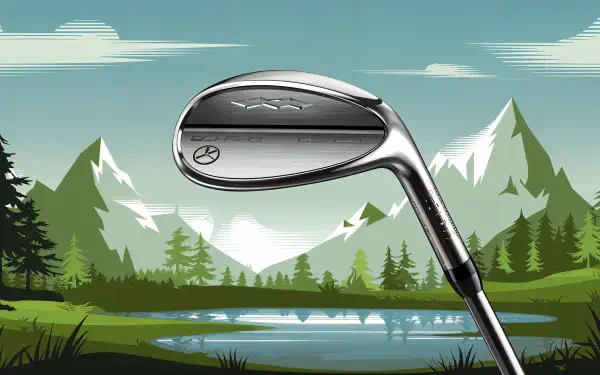 A sleek golf club rests in a scenic landscape with mountains and a serene lake, captured in vibrant detail as a 4K Ultra HD PC desktop wallpaper.