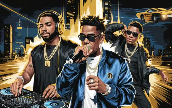 A vibrant 4K Ultra HD wallpaper featuring three hip-hop artists in an urban setting, showcasing a DJ at turntables and a performer with a microphone against a dynamic city backdrop.