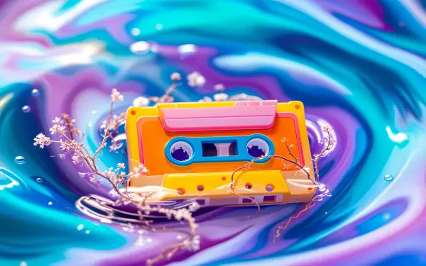 A retro 90s cassette tape floats amid vibrant swirls of purple and blue, adorned with delicate flowers. This 4K Ultra HD wallpaper captures a nostalgic aesthetic.