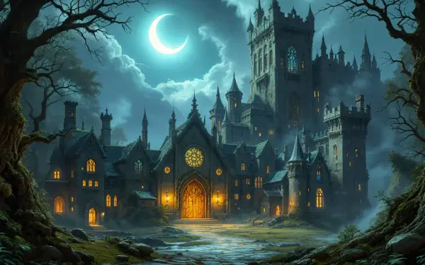 A medieval village scene showcases a mystical castle under a crescent moon, surrounded by dark trees and an enchanting atmosphere, captured in stunning 4K Ultra HD quality.