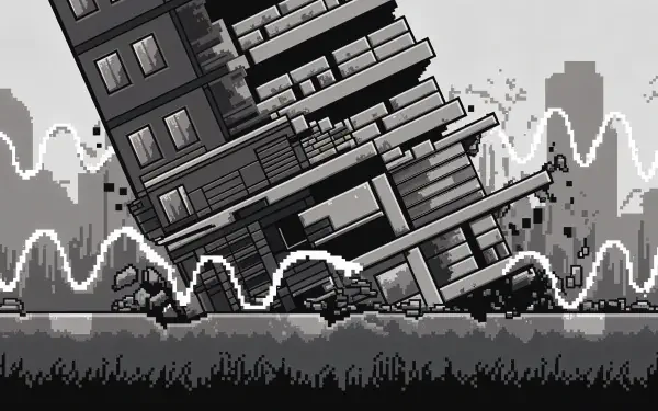 A striking 4K Ultra HD desktop wallpaper depicting a tilted building amidst earthquake waves, conveying the chaos and impact of seismic activity in a dramatic grayscale scene.