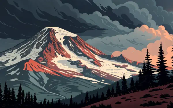 A stunning 4K Ultra HD image of Mount Rainier, showcasing its majestic snow-capped peak against a dramatic sky and silhouetted trees in the foreground.