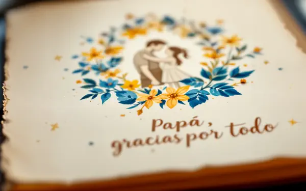 A beautifully illustrated Father's Day card featuring a couple surrounded by colorful flowers, with the message Papá, gracias por todo, celebrating gratitude and love. 4K Ultra HD quality.