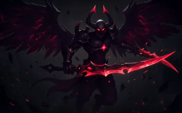 Aatrox from League of Legends stands menacingly with dark wings and a glowing red sword, set against a shadowy background in this 4K Ultra HD PC desktop wallpaper.