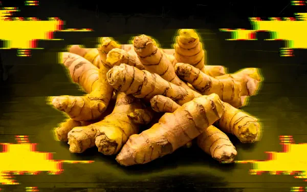 A vibrant close-up of fresh turmeric roots, showcasing their rich yellow hue against a dark background, designed as a 4K Ultra HD desktop wallpaper.