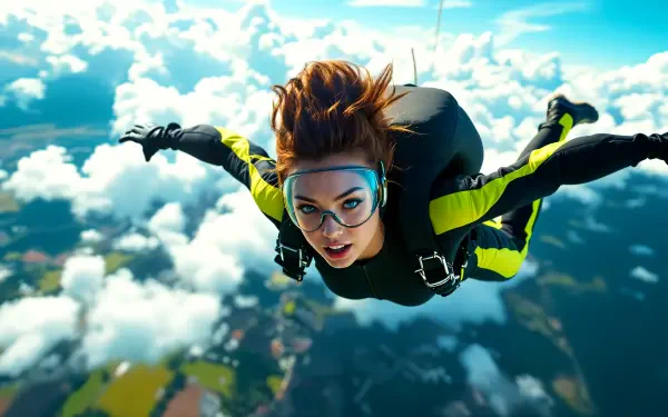 A dynamic skydive captures a person soaring through the clouds against a vibrant blue sky, showcasing the thrill of skydiving in stunning 4K Ultra HD detail.