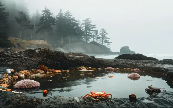 A serene tide pool amidst rocky shores, featuring various marine life like crabs and sea anemones, framed by misty trees and a coastal backdrop. 4K Ultra HD wallpaper.