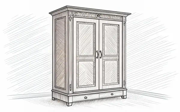 A detailed sketch of a wardrobe, featuring double doors and a decorative top, presented as a 4K Ultra HD PC desktop wallpaper and background.
