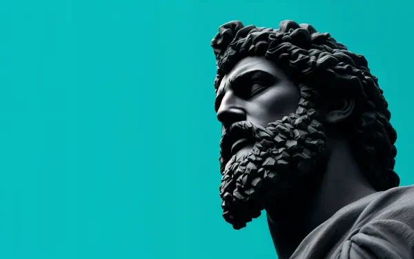 A striking Greek statue in deep black against a vibrant turquoise background, capturing intricate details of the beard and facial features, showcased as a 4K Ultra HD PC wallpaper.