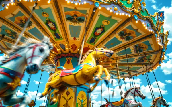A vibrant carousel with intricately painted horses spins under a bright blue sky, showcasing colorful details and festive lights in this stunning 4K Ultra HD wallpaper.