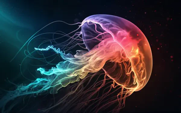 A stunning 4K Ultra HD wallpaper featuring a translucent jellyfish, illuminated in vibrant colors against a dark background, showcasing intricate details and ethereal beauty.