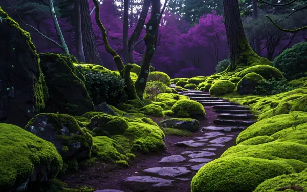 A serene moss garden featuring vibrant green moss covering boulders and an inviting stone path, surrounded by lush trees and hints of purple foliage, captured in stunning 4K Ultra HD.