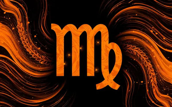 A vibrant 4K Ultra HD wallpaper featuring the Virgo astrological symbol in bold orange against a swirling black background, accented with intricate patterns and textures.