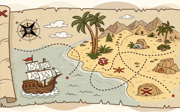A whimsical treasure map featuring a ship, palm trees, mountains, and marked locations. This vibrant design serves as a 4K Ultra HD PC desktop wallpaper and background.