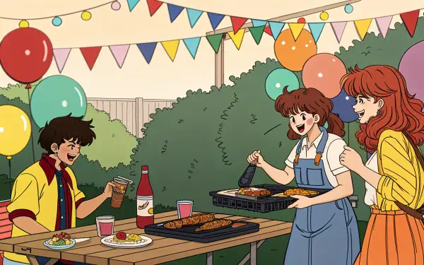 A vibrant BBQ scene featuring three friends enjoying a festive gathering with colorful balloons and banners, while cooking and sharing delicious food, set in a cheerful outdoor setting.