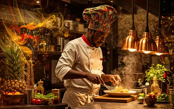 A chef in a vibrant hat prepares a dish in a warmly lit kitchen, surrounded by fresh ingredients and colorful decor, capturing the essence of culinary artistry in 4K Ultra HD.