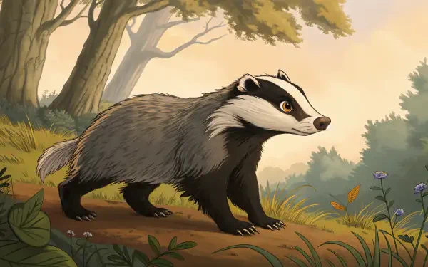 Illustration of a badger walking through a forest, showcasing wildlife and nature in vibrant 4K Ultra HD detail for a PC desktop wallpaper and background.