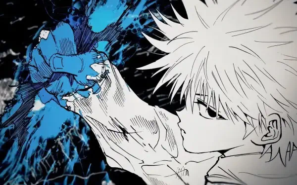 A striking HD desktop wallpaper featuring Killua Zoldyck from Hunter x Hunter, showcasing intense emotion and dynamic blue splashes against a dark background. Perfect for anime fans.