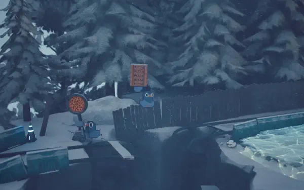 A whimsical HD wallpaper featuring elements from GuGu Pizza: Delivering Pizza to the Space Station? with characters navigating a snowy landscape and quirky signposts.