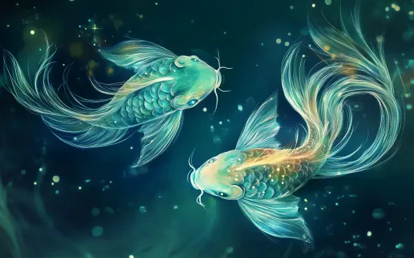 A vibrant HD wallpaper featuring two ethereal fish, symbolizing Pisces in astrology, swimming against a mystical underwater backdrop, filled with shimmering light and color.