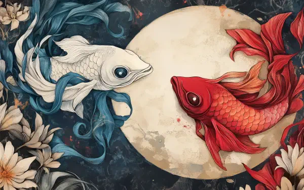 Artistic depiction of the Pisces zodiac sign featuring a white and red fish against a full moon background, surrounded by flowers, capturing the essence of astrology and the horoscope theme.
