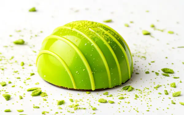 A vibrant green truffle with a glossy finish sits atop a light surface, surrounded by scattered green powder. This 4K Ultra HD image serves as an enticing desktop wallpaper.