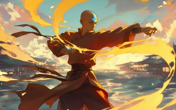 Aang from Avatar: The Last Airbender wields fire with dynamic movement against a vibrant backdrop of water and sky, featured in this HD Anime wallpaper.