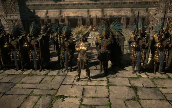 A stunning 4K Ultra HD wallpaper from Path of Exile 2 featuring a central character in intricate armor, flanked by dark armored warriors against a detailed stone background.