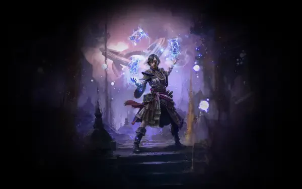 A striking 4K Ultra HD wallpaper from Path of Exile 2, featuring a wizard casting spells, set in a mysterious, atmospheric environment filled with magical energy.