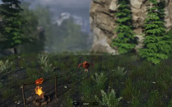 A vibrant HD desktop wallpaper featuring a whimsical chicken in a lush, green environment with a campfire, inspired by the video game Unlucky Chicken.
