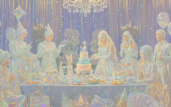 A vibrant birthday party scene featuring elegantly dressed guests, a beautifully decorated cake, and a festive table, captured in stunning 4K Ultra HD for a captivating desktop wallpaper.