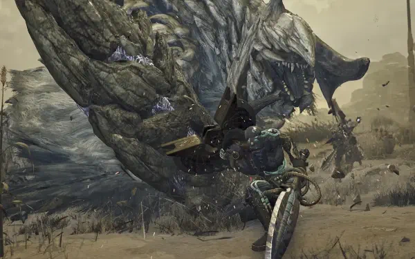 HD PC desktop wallpaper featuring an intense battle scene from the video game Monster Hunter Wilds with a hunter facing a massive monster.