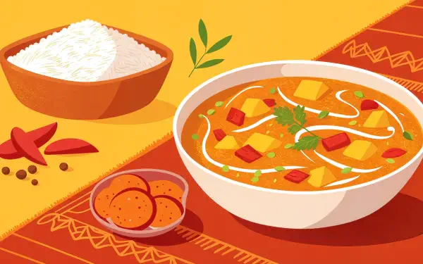 A vibrant 4K Ultra HD desktop wallpaper featuring delicious curry in a bowl, accompanied by rice and spices on a colorful table setting.