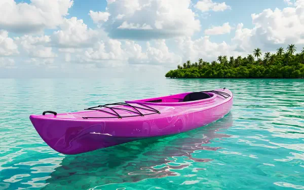 A vibrant pink kayak floats serenely on clear turquoise waters, with lush greenery and a cloudy sky in the background, captured as a stunning 4K Ultra HD desktop wallpaper.