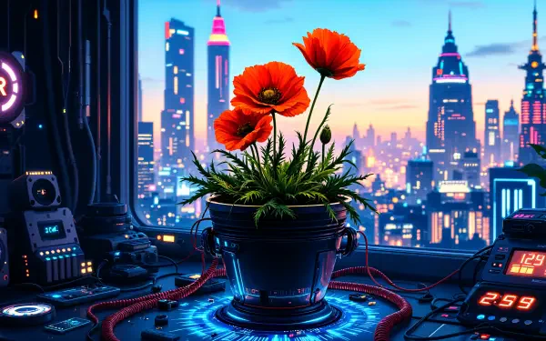 A vibrant scene showcasing bright orange poppies in a pot, set against a futuristic city skyline at dusk, in a stunning 4K Ultra HD desktop wallpaper.