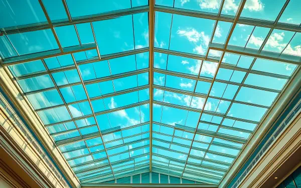 A stunning 4K Ultra HD wallpaper featuring a glass ceiling, showcasing a bright blue sky with fluffy clouds, creating a spacious and airy atmosphere.