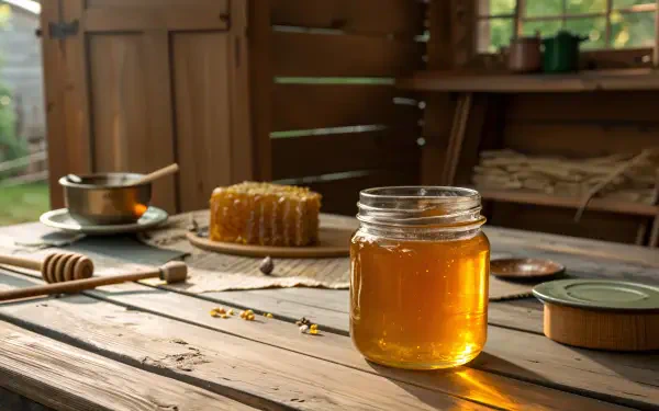 A rustic scene featuring a jar of honey, a honeycomb on a wooden plate, and a dipper, all set on a weathered table in a warmly lit interior. 4K Ultra HD desktop wallpaper.