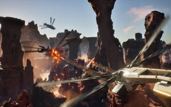 A stunning 4K Ultra HD wallpaper from the video game Dune: Awakening, showcasing ornithopters soaring through dramatic rock formations and explosive landscapes.