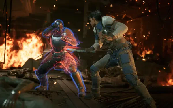 A dynamic scene from the video game Dune: Awakening, featuring two characters engaged in combat amidst a backdrop of flames, showcased in stunning 4K Ultra HD quality.