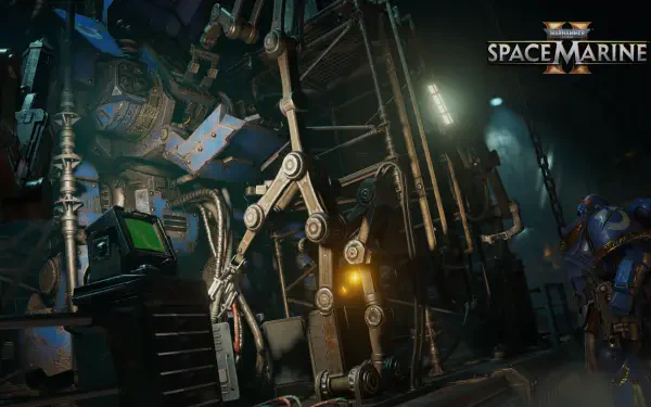A dynamic HD wallpaper from the video game Warhammer 40K: Space Marine 2, featuring intricate machinery and a Space Marine in a dark, atmospheric setting.