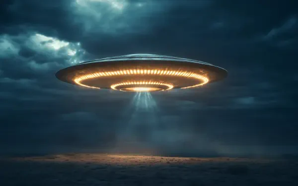 A dark, stormy sky features a glowing UFO hovering above a desolate landscape, showcasing an otherworldly scene perfect for a sci-fi desktop wallpaper and background.