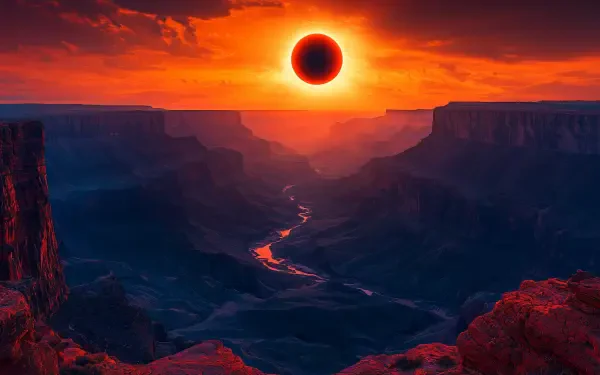 A stunning canyon landscape features a solar eclipse illuminating the mountains, casting rich hues of orange and red across the dramatic terrain. Ideal for an HD desktop wallpaper.