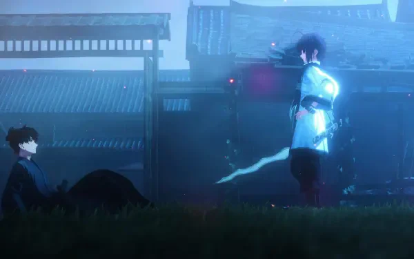 A visually striking HD wallpaper from the video game Fate/Samurai Remnant, featuring two characters in an atmospheric setting with traditional architecture and a mystical aura.