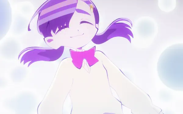 HD PC desktop wallpaper from the anime Aquarion: Myth of Emotions featuring a smiling character with purple hair and a pink bow against a soft, light background.