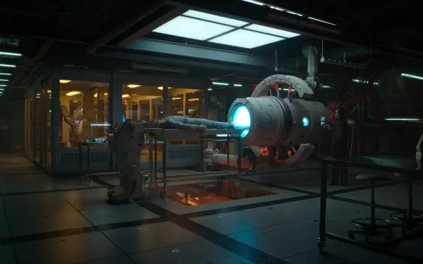 A futuristic sci-fi scene from the movie Mickey 17 (2025), featuring a high-tech laboratory with a glowing machine and dramatic lighting, designed as a HD desktop wallpaper.