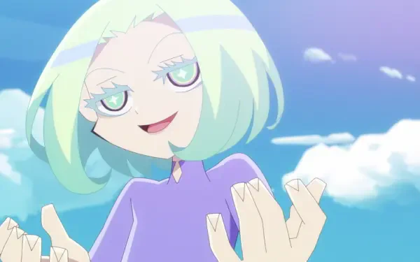 HD PC desktop wallpaper from the anime Aquarion: Myth of Emotions, featuring a character with pale blue hair and a confident expression against a bright sky background.