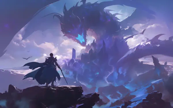 A fantasy adventure scene features a lone warrior facing a colossal dragon, with an atmospheric backdrop of a mystical castle, creating a captivating battle setting. HD wallpaper.